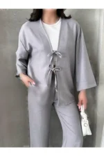 ست کیمونو با پارچه کتان و بند دار، ست دو تکه، ست بالا و پایین - 8180