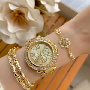 ست ساعت مچی زنانه با بدنه فلزی رنگ طلایی و دستبند ترکیبی - 7635