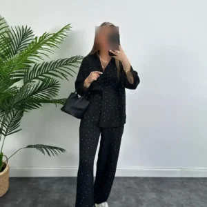 ست لباس زنانه از پارچه کتان با تزئینات سنگی - 8224