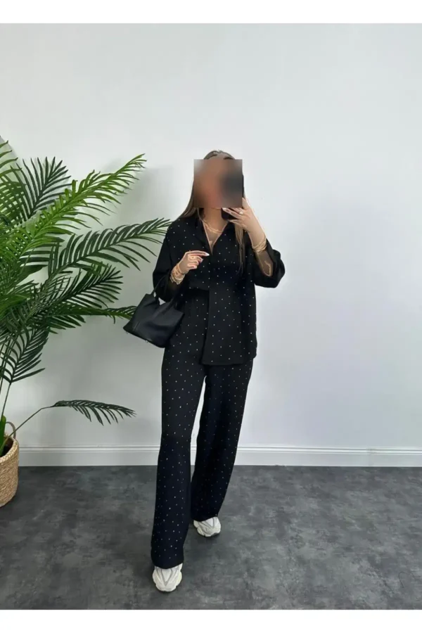 ست لباس زنانه از پارچه کتان با تزئینات سنگی - 8224