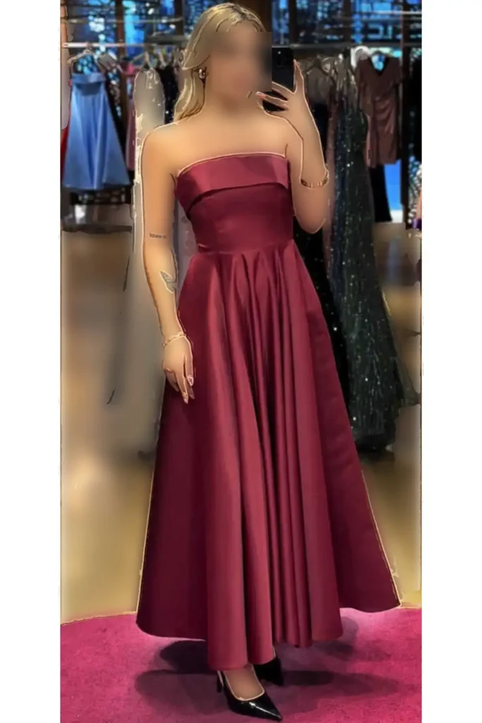 پیراهن مجلسی میدی ساتن آستیندار با دامن کلوش در رنگ آلبالو 7647 - 7840