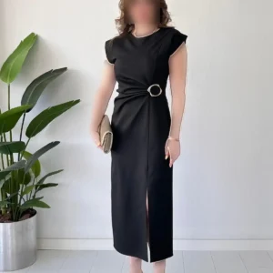 پیراهن مشکی با کمربند چیندار - 7749