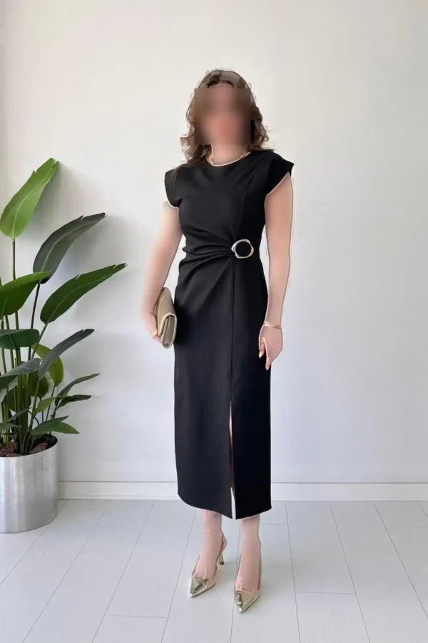 پیراهن مشکی با کمربند چین‌دار - 7749