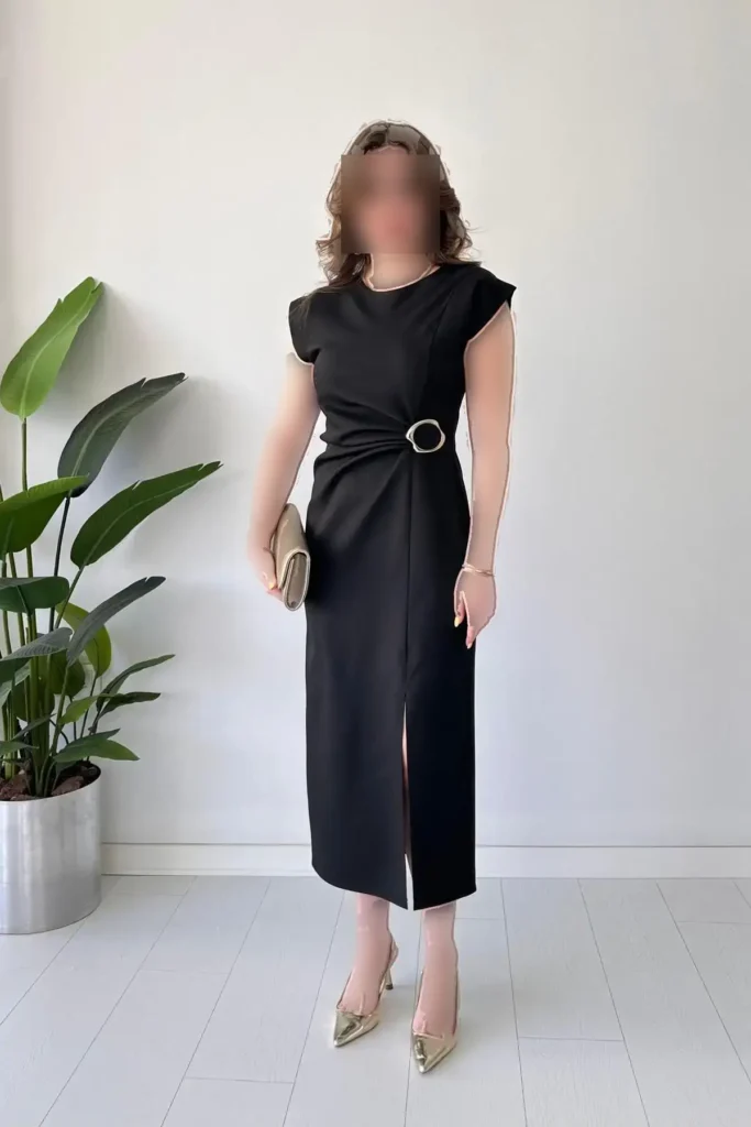 پیراهن مشکی با کمربند چین‌دار - 7749