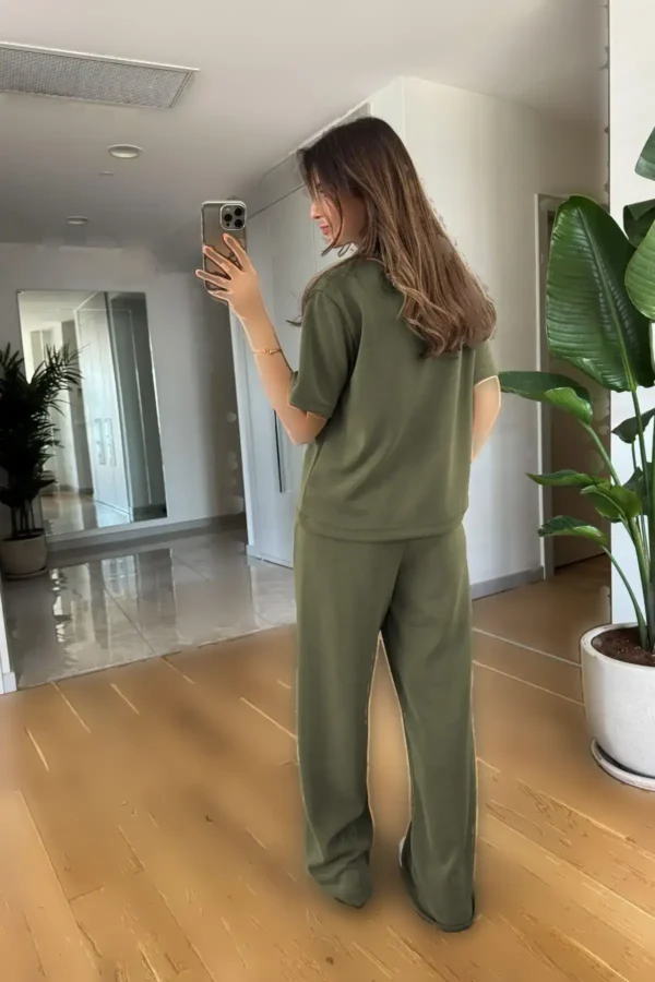 ست شلوار و تی-shirt زنانه با آستین کوتاه از مدل موالات پنیه، با کمر بلندی و شلوار گشاد. - 8168