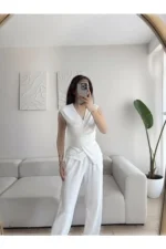 ست شلوار و بلوز کراواتی - سفید - 8212