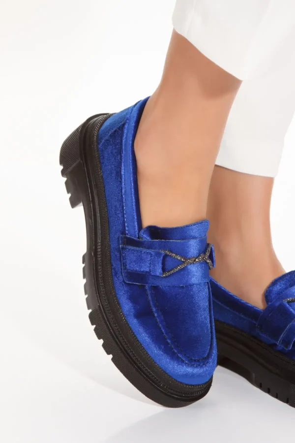 کفش loafer زنانه آبی جیر با سنگ‌های تزئینی در جلو - 7620