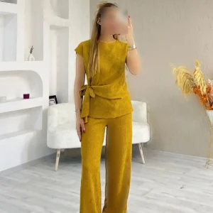 ست بلوز و شلوار از پارچه کرینکل با جزئیات بند دار زنانه سیانا - 8190