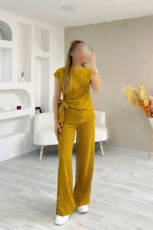 ست بلوز و شلوار از پارچه کرینکل با جزئیات بند دار زنانه سیانا - 8190