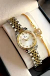 ساعت مچی زنانه رنگ طلایی ۱۰۰٪ اصل همراه با دستبند هدیه برای عروسی و نامزدی - 7647