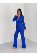 پیراهن یقه شال کمر بنددار با جیب‌های جعلی و کت بلیزر، شلوار لوله‌ای الاستیک - 7534