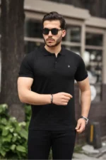 تی‌شرت یقه‌دار مشکی مردانه با برش اسلیم فیت از ۱۰۰% پنبه - 8808