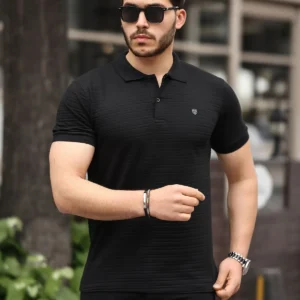 تی‌شرت یقه‌دار مشکی مردانه با برش اسلیم فیت از ۱۰۰% پنبه - 8808