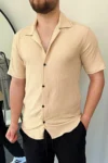 پیراهن مردانه آستین کوتاه با یقه آپاج و بافت طرحدار از پنبه با الاستین - 8875