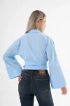 بلوز زنانه آستین دولا مچ دار با کمر بند دار رنگ آبی - 9204