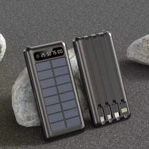 پاوربانک خورشیدی ۲۰۰۰۰ میلی‌آمپری با چراغ‌های LED و دو خروجی USB دارای چندین کابل - 9673