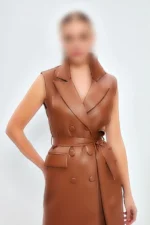 ژاکت چرم با کمربند - قهوه‌ای - 9440