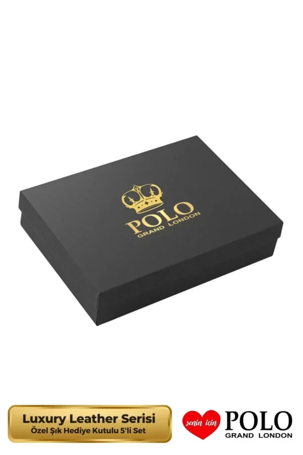 ست هدیه لوکس ۵ تکه شامل کمربند چرم، کیف پول، کارت‌holder، دکمه سرآستین و ادکلن - 8479
