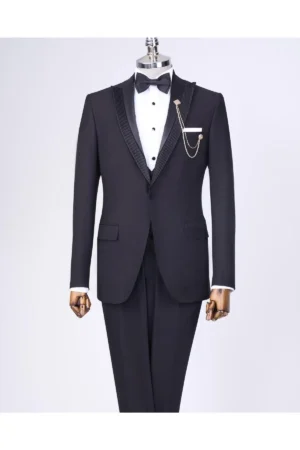 ست دامادی شامل جلیقه، کت و شلوار با طرح ایتالیایی و برش slim fit به رنگ مشکی T11776 - 9390