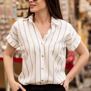 بلوز کوتاه آستین زنانه کتان خط‌دار خاکستری تیره ARM-19Y001067 - 9207
