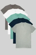 پکیج ۵ عددی تی‌شرت مردانه ۱۰۰% پنبه در رنگ‌های خاکستری ملانژ، سرمه‌ای، فیروزه‌ای، سفید و خاکی - 8561