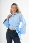 بلوز زنانه آستین دولا مچ دار با کمر بند دار رنگ آبی - 9204