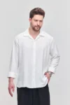پیراهن مردانه زودکی تیره با بافت کتان و آستین بلند و سایز بزرگ رنگ سفید - 8853
