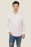پیراهن مردانه کتانی یقه برگردان سفید سه دکمه - 8843