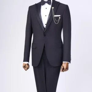 ست دامادی شامل جلیقه، کت و شلوار با طرح ایتالیایی و برش slim fit به رنگ مشکی T11776 - 9390