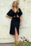 بلوز کوتاه کتان آروبین با بند صاف سیاه و دامن انولوپ - کد ALC-X12148 - 9143