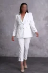کت بلیزر سفید زنانه با کمربند و جیب، شلوار پاچه باریک بزرگ سایز - 9732