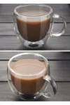 لیوان شیشه‌ای دو جداره دو قلو ۲۵۰ میلی‌لیتری برای خانه و دفتر، فنجان شیشه‌ای دو لایه با عایق حرارتی و دسته دار - 9563