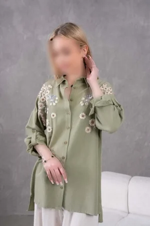بلوز و شلوار کتان گشاد با طرح گل و گلدوزی زنانه - 9144