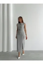 پیراهن میدی خاکستری با جزئیات یقه و شولدر و چاک زنانه - 9081