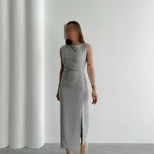 پیراهن میدی خاکستری با جزئیات یقه و شولدر و چاک زنانه - 9081