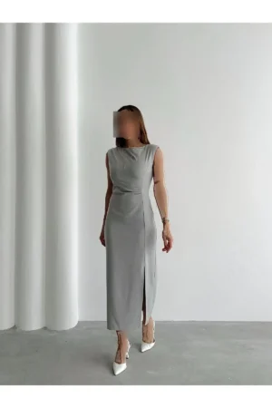 پیراهن میدی خاکستری با جزئیات یقه و شولدر و چاک زنانه - 9081