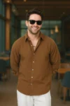 پیراهن کتان آربین بافت دار سایز بزرگ قهوه‌ای - 8874