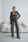 ست لباس زنانه شامل Blazer (کت) و شلوار Palazzo به رنگ آنتراسیت - 9299