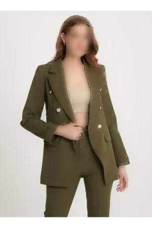 ست بلیزر زنانه با شلوار کمردار رنگ خاکی تیره - 9739