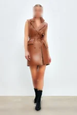 ژاکت چرم با کمربند - قهوه‌ای - 9440