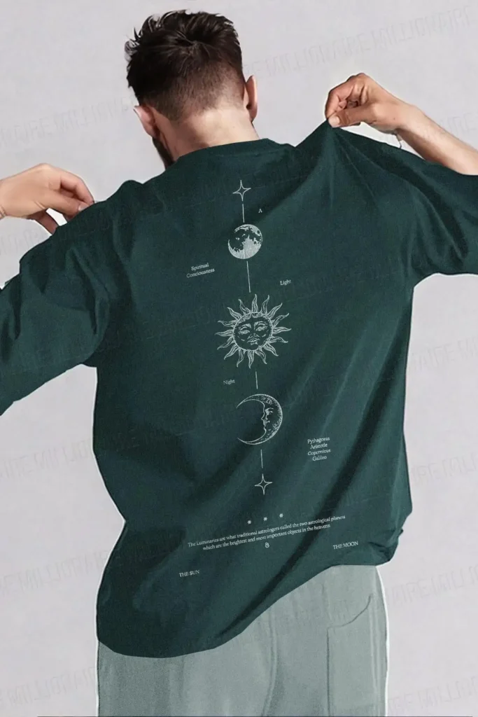تیشرت آستین کوتاه مردانه رنگ سبز نفتی مدل The Moon با یقه گرد و طراحی اوور سایز - 8828