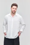 پیراهن مردانه زودکی تیره با بافت کتان و آستین بلند و سایز بزرگ رنگ سفید - 8853