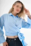 بلوز زنانه آستین دولا مچ دار با کمر بند دار رنگ آبی - 9204