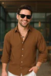 پیراهن کتان آربین بافت دار سایز بزرگ قهوه‌ای - 8874