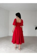 پیراهن میدی با آستین پفی و یقه کاره و چین‌دار - 9658
