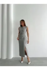 پیراهن میدی خاکستری با جزئیات یقه و شولدر و چاک زنانه - 9081