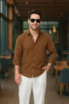 پیراهن کتان آربین بافت دار سایز بزرگ قهوه‌ای - 8874
