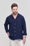 پیراهن مردانه آبی تیره با آستین بلند و بافت تابستانی از جنس کتان - 8855