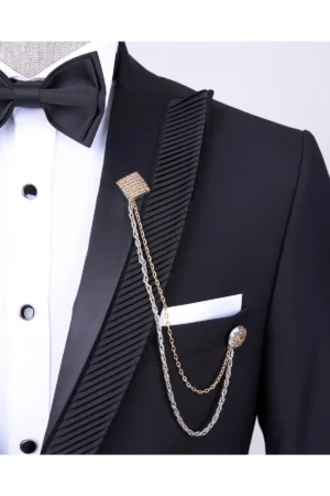 ست دامادی شامل جلیقه، کت و شلوار با طرح ایتالیایی و برش slim fit به رنگ مشکی T11776 - 9390