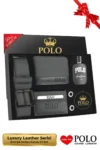ست هدیه لوکس ۵ تکه شامل کمربند چرم، کیف پول، کارت‌holder، دکمه سرآستین و ادکلن - 8479